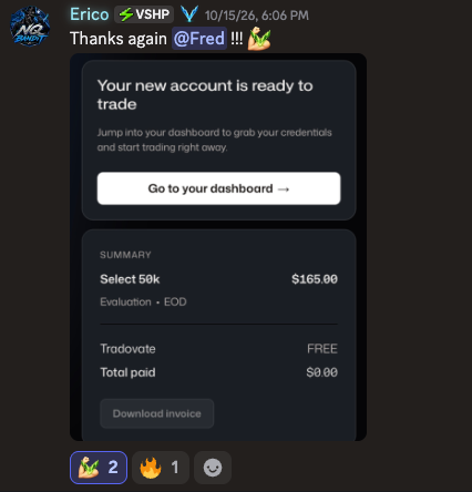 Erico thanks Fred after winning a free $50K TradeDay evaluation account