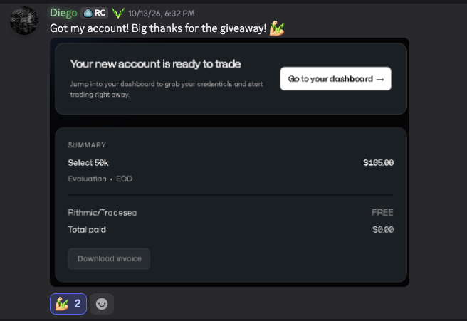 Diego thanks Fred after winning a free $50K TradeDay evaluation account