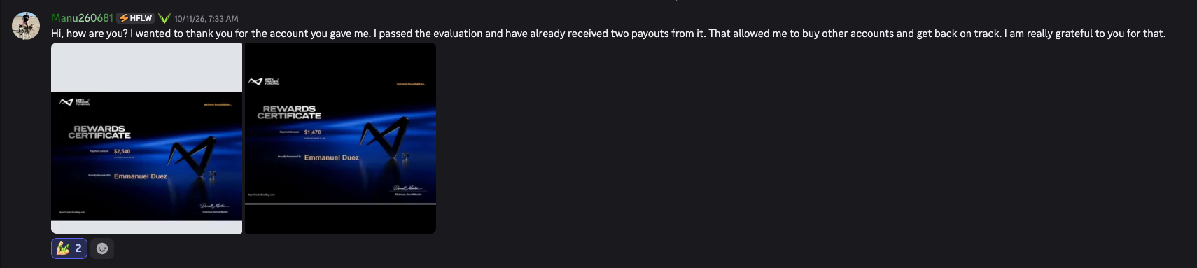 Emmanuel Duez shares two Apex Trader Funding reward certificates for $2,540 and $1,470