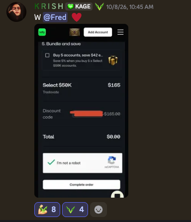 Krish checks out a free $50K TradeDay account with a 100% discount code