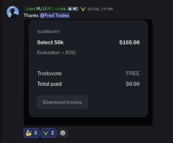 Jalen M shares a free Tradeify Select 50K evaluation won in a giveaway
