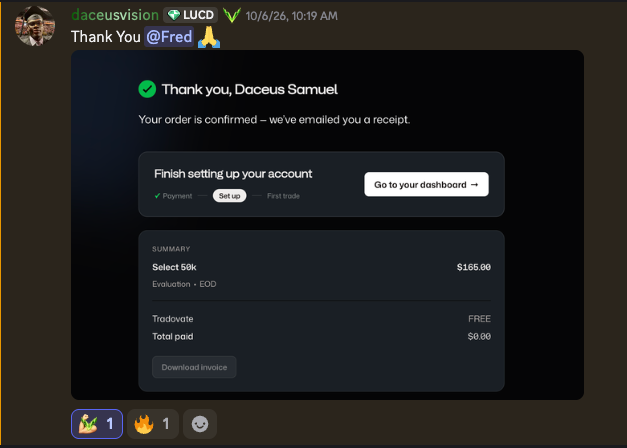 Daceus Samuel shares a free Tradeify Select 50K evaluation won in a giveaway