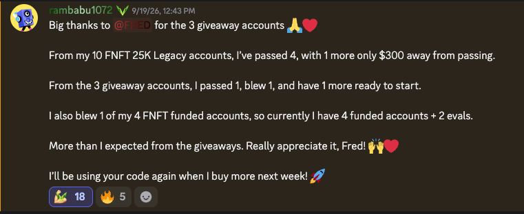 rambabu1072 shares giveaway accounts and active 25K Legacy accounts on FundedNext