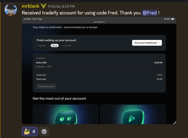 mrblank shares a free Tradeify Select 50K evaluation won in a giveaway