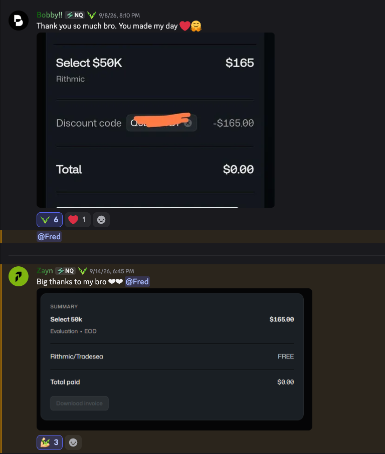 Bobby and Zayn each thank Fred after winning a free $50K Tradeify Select evaluation