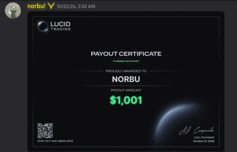 Community member sharing a Lucid Trading payout certificate for $1,001