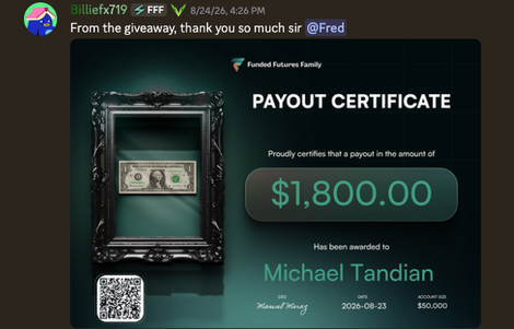 Giveaway winner sharing a Funded Futures Family payout certificate for $1,800
