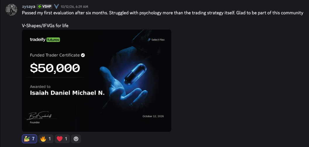 Aysaya shares a passed Tradeify evaluation and thanks the V-Shape community