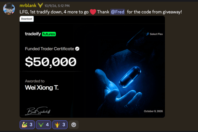 mrblank shares a funded Tradeify account won through a giveaway