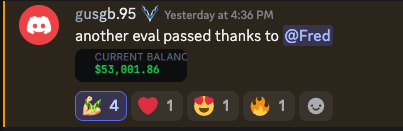 Community member sharing a passed evaluation and current balance