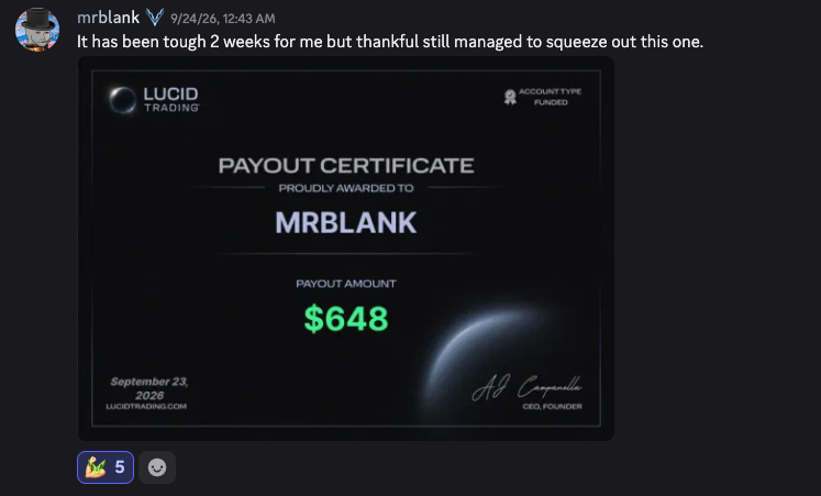 Community member sharing a Lucid Trading payout certificate